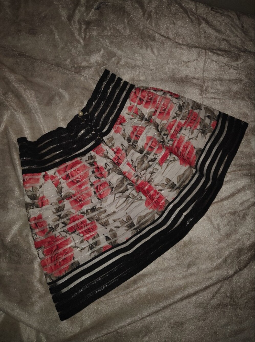 Floral Pleated Mini Skirt with Black Stripe Trim